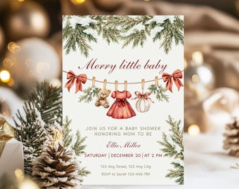 May include: A baby shower invitation with the text "Merry little baby." The invitation features a watercolor illustration of a teddy bear, a red dress, and a decorative item hanging on a clothesline. The invitation includes the date, time, and location.