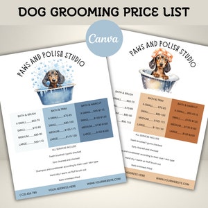 Lista de preços editável de salão de animais de estimação, lista de preços personalizável de cuidados com cães, folheto de cuidador de cães, modelo de salão de cães, download instantâneo, edição no Canva