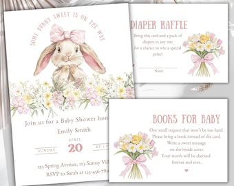 Conjunto de invitación "Some Bunny is on the way", invitación de conejita para niña, plantilla de invitación para baby shower con conejito floral, Some Bunny Sweet