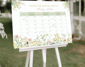Wildflower Baby Shower Due Date Calendar , Guess the Birthday Sign, Editable Baby Predictions Template, DIGITAL DOWNLOAD