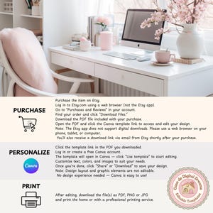 May include: A bright, airy workspace with a white desk, computer, and pink accents. A vase of pink flowers and a pink mug add color. Instructions for purchasing, personalizing, and printing a digital template are included.