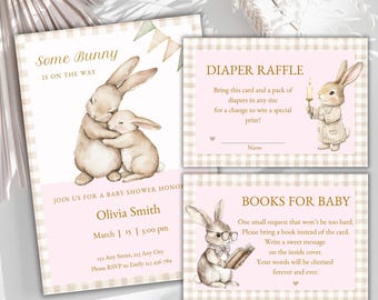 Pink Some Bunny is on the way Invitation Set, Vintage Bunny Baby Shower Invite Template, Girl Baby Shower Invite Insert Cards, Diaper Raffle