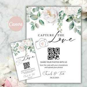 Bearbeitbar Erfassen Sie das Liebesschild, das grüne Hochzeitsschild mit QR-Code, das Hochzeitsfotoschild, die QR-Code-Liebeskarte, das druckbare Teilen der Liebe