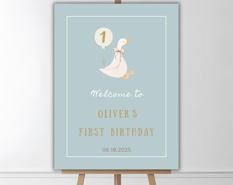 Printable One Silly Goose Birthday Welcome Sign, Silly Goose Boy 1st Birthday Party Decoration, Blue Silly Goose Sign Template