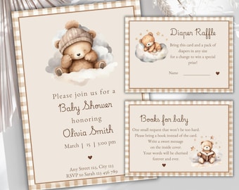 Editable Bear Theme Baby Shower Invitation Set, Diaper Raffle Cards, Teddy Bear Baby Shower, Hender Neutral, Beige Gingham Invite Template