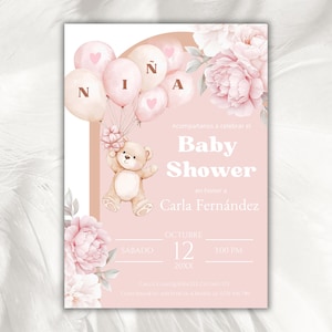 Spaanse teddybeer babyshower uitnodiging, digitale uitnodiging babymeisje, teddybeer met ballonnen uitnodigen, oudroze, Invitaciones de Bebe, Es Niña