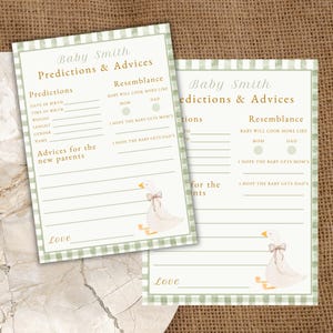 May include: Two baby shower prediction and advice cards with a green and white gingham border. The cards feature text fields for predictions and advice, with a watercolor illustration of a goose. The text reads "Baby Smith Predictions & Advices."