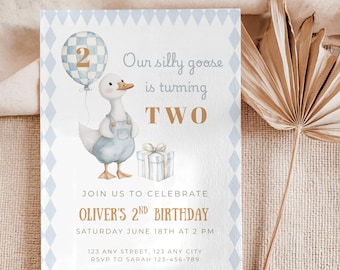 Editable Silly Goose 2nd Birthday Invitation, Boy Goose Invite, Two Silly Goose  Invitation Template, Blue Silly Goose Birthday Party
