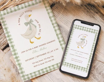 A New Silly Goose Baby Shower Invitation, Green Gingham Goose Invite, Gender Neutral Baby Sprinkle, DIGITAL DOWNLOAD