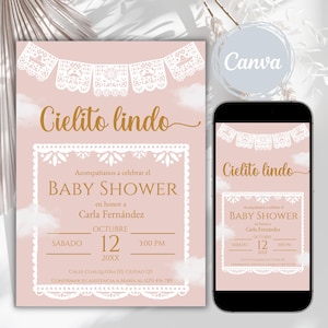 Dusty Pink Cielito Lindo Invitation in Spanish, Baby Shower Mexican Theme, Papel Picado Invite Template, Pink Clouds Baby Shower, Talavera