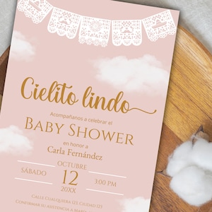 Invito per baby shower rosa Cielito Lindo in spagnolo, invito per baby shower a tema messicano Talavera, Es Niña, invito Papel Picado