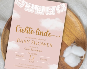 Pink Cielito Lindo Baby Shower Invitation in Spanish, Mexican Talavera Theme Baby Shower Invite, Es Niña, Papel Picado Invitacion