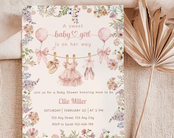 Wildflower Baby Shower Invitation, Pink Bow Floral Baby Sprinkle Invite, Sweet Baby Girl Invitation Template, DIGITAL DOWNLOAD