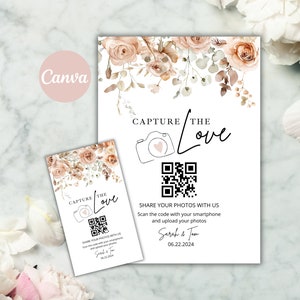 Boho Erfassen die Liebe Zeichenvorlage, bearbeitbar Teilen Sie die Fotos Hochzeitsschild, Floral Erfassen die Liebe QR-Code-Karte, Sofort-Download, Canva