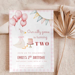Silly Goose 2nd Birthday Invitation, Two Silly Goose Party, Our Silly Goose is turning two, Girl Birthday Invite, Pink Gingham Silly Goose