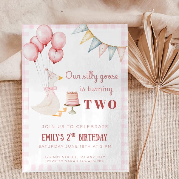 Silly Goose 2nd Birthday Invitation, Two Silly Goose Party, Our Silly Goose is turning two, Girl Birthday Invite, Pink Gingham Silly Goose