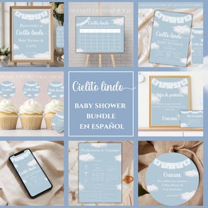 Paquete de baby shower Cielito Lindo azul en español, juego de invitaciones para baby shower con temática de Talavera, baby shower mexicano, invitación de papel picado