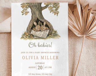 Twins Baby Shower Invitation, Gender Neutral, Bunny Baby Shower Invite, Fall Baby Shower Two Bunnies Invite, Forest Animals Baby Shower