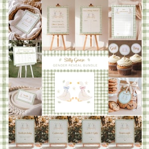 May include: A collection of gender reveal party supplies with a whimsical "Silly Goose" theme. Includes signs, invitations, cupcake toppers, and cookies. The color scheme is soft green and white with illustrations of geese.