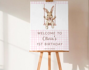 Modèle de plaque de bienvenue modifiable Some Bunny is One, plaque de bienvenue pour le 1er anniversaire de la fille, plaque de bienvenue thème lapin, vichy rose