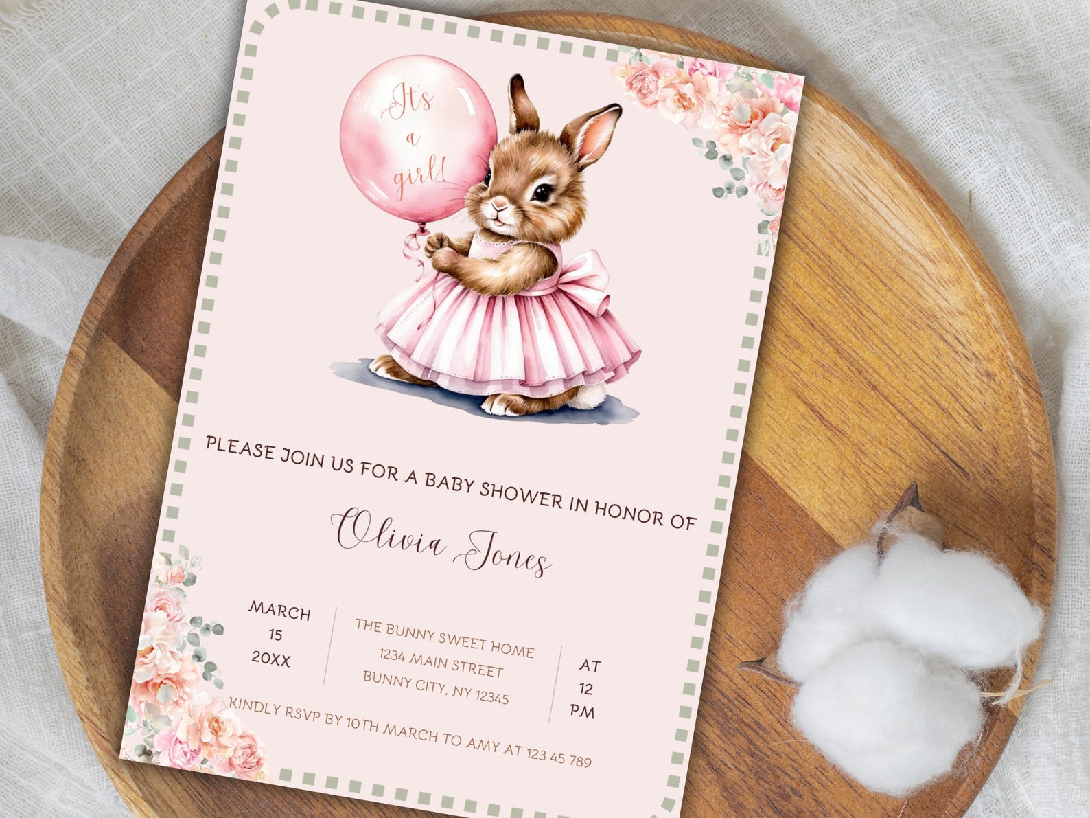Editable Pink Bunny Baby Shower Invitation Template, Girl Baby Shower ...