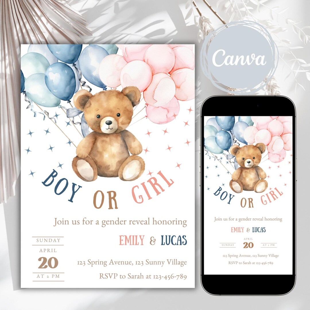 Bear Theme Gender Reveal Invite, He or She Invitation, Boy or Girl ...