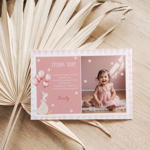 Carte de remerciement d'anniversaire One Silly Goose rose, carte photo Silly Goose, 1er anniversaire de fille, carte photo de remerciement Goose, vichy rose