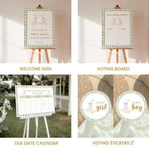 May include: A collection of gender reveal party decorations. Includes a welcome sign, voting board, due date calendar, and voting stickers. All items feature a green and white gingham pattern and illustrations of geese.