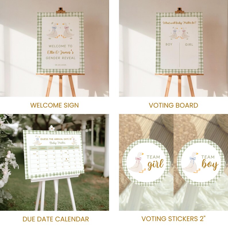 May include: A collection of gender reveal party decorations. Includes a welcome sign, voting board, due date calendar, and voting stickers. All items feature a green and white gingham pattern and illustrations of geese.