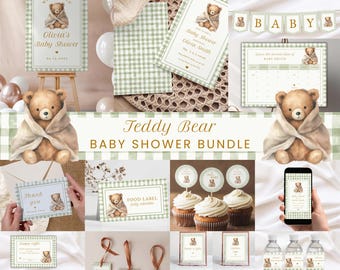Green Gingham Baby Shower Bundle, Classic Teddy Bear Baby Shower Invitation Set, Sage Green Baby Shower Package, Bear Theme Baby Shower