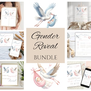 Bundle de révélation de genre sur le thème de la cigogne - invitations imprimables et modifiables, cartes de prédictions, panneau de bienvenue, carte de remerciement, invitation de révélation de genre