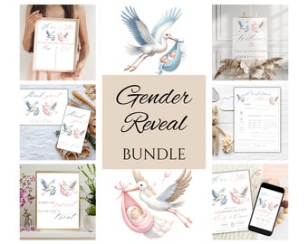 May include: A gender reveal party bundle with a stork carrying a baby in a blue blanket, a welcome sign, a thank you card, a prediction sheet, a sign that says "Babies are sweet, please take a treat", and a digital invitation with a stork carrying a baby in a pink blanket.