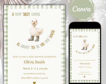 May include: A baby shower invitation with a green and white checkered background. The invitation features a cartoon goose wearing boots and the text "A new silly goose is about to be on the loose". The invitation also includes the text "Join us for a baby shower honouring Olivia Smith, March 15 | 3:00 pm, 123 Any Street, 123 Any City, Please RSVP to Emily 123 456 789".