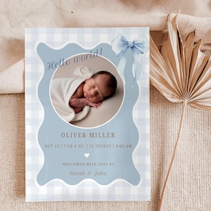 Modèle de carte de faire-part de naissance Vichy bleu, bébé garçon, carte photo imprimable pour nouveau-né, faire-part de naissance garçon avec photo