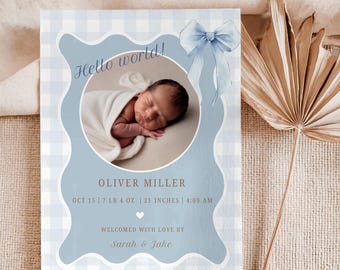 Blue Gingham Birth Announcement Card Template, Baby Boy, Printable Newborn Photo Card, Boy Birth Announcement with Photo