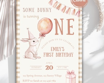 Pink Bunny 1e verjaardagsuitnodiging, een of ander konijn wordt een uitnodiging, ideeën voor een eerste verjaardag meisje, stoffige roze verjaardagsuitnodiging meisje