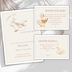 Editable Goose Themed Baby Shower Invitation Set, Gender Neutral Silly Goose Baby Shower Invite, Diaper Raffle Cards, Books for Baby, Beige