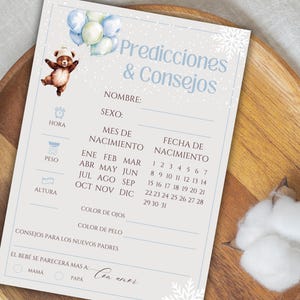 Modèle de cartes de prédictions et de conseils pour une baby shower espagnole, jeu modifiable pour baby shower, carte de voeux pour un bébé, cartes de conseils pour les nouveaux parents