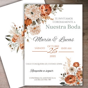 Plantilla de Invitaciones de Boda, bewerkbare terracotta bloemen Spaanse huwelijksuitnodiging, Nuestra Boda, instant download, MARIA