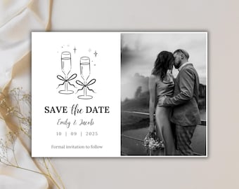 Modèle réservez une date minimaliste moderne, carte réservez une date avec photo modifiable, invitation réservez une date champagne, noir et blanc
