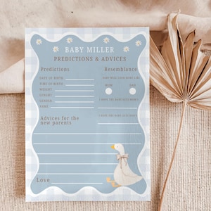 Modèle de carte de prédictions et de conseils sur le thème de l'oie, jeux de baby shower, saupoudrage pour bébé Vichy bleu, activités de baby shower Silly Goose