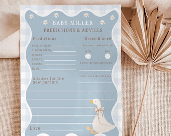 Goose Theme Predictions and Advices Card Template, Baby Shower Games, Blue Gingham Baby Sprinkle, Silly Goose Baby Shower Activities