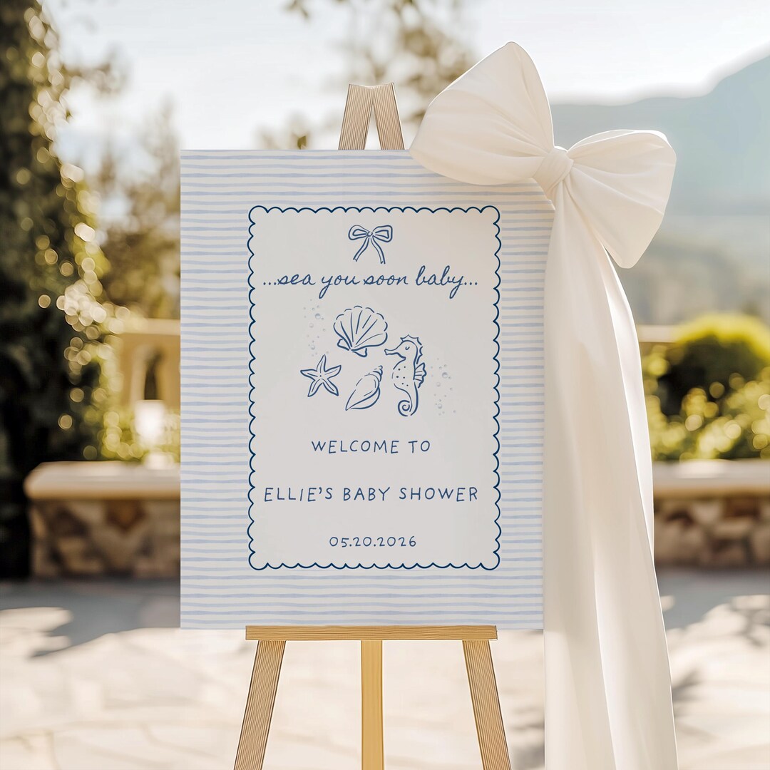 Editable Sea You Soon Baby Shower Welcome Sign, Blue Stripe Beach Baby ...
