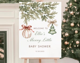 May include: A white sign on an easel with watercolour illustrations for a baby shower. The sign reads "Welcome to Ellie's Merry Little Baby Shower" with a date of 12.20.2025. The design includes a Christmas tree and ornament.