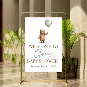 Bear With Balloon Baby Shower Welcome Sign Template, Printable Welcome Sign for Baby Shower, Instant Download, Editable in Canva