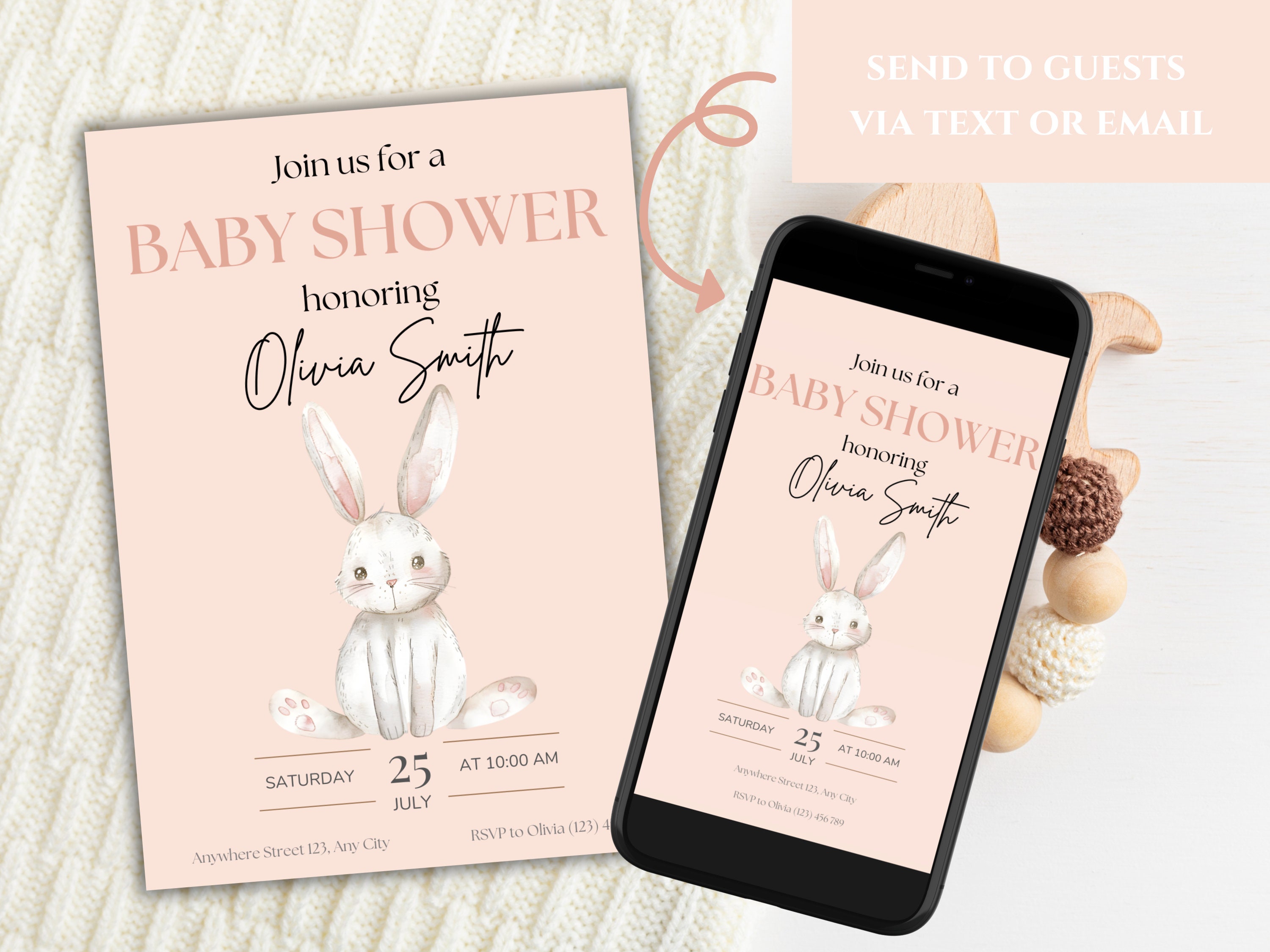 Cute Pink Bunny Baby Shower Invitation, Printable Girl Baby Shower ...