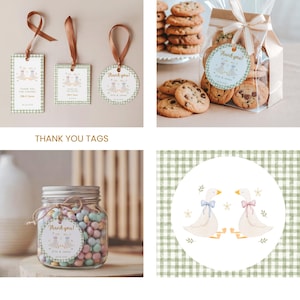 May include: Various thank you tags and labels with a whimsical goose design. The tags are rectangular and circular, with brown ribbon. One image shows cookies in a clear bag with a matching tag. Another shows a jar of candy with a tag.