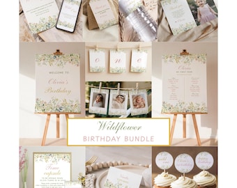 Editable Wildflower Birthday Bundle, Girl's Wild One Birthday Party Package