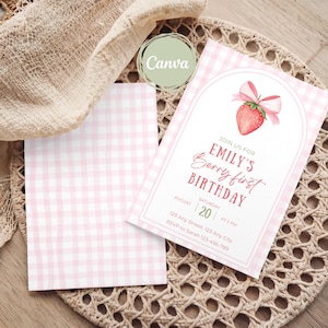 Berry First Birthday Invitation Template, Editable Strawberry Birthday Invite, Coquette Girl&#39;s 1st Birthday Invite, Pink Gingham