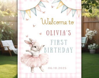 Panneau de bienvenue imprimable avec lapin, modifiable certains lapin est un anniversaire, panneau de bienvenue pour le 1er anniversaire de lapin, panneau de premier anniversaire de lapin fille
